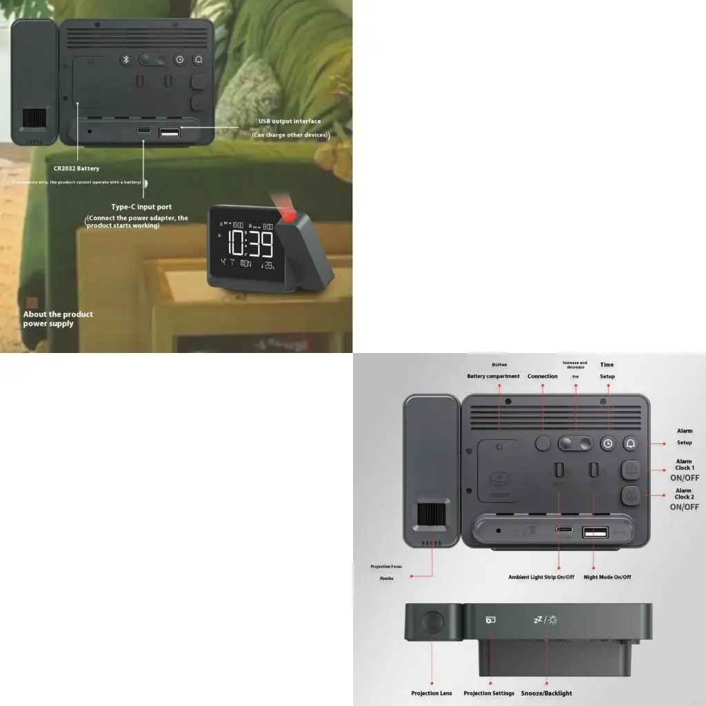   Projection Clock for Bedroom Ceiling, Alarm Clocks with 180° Rotatables Projectors, Date Temperature and Weekday Weekends