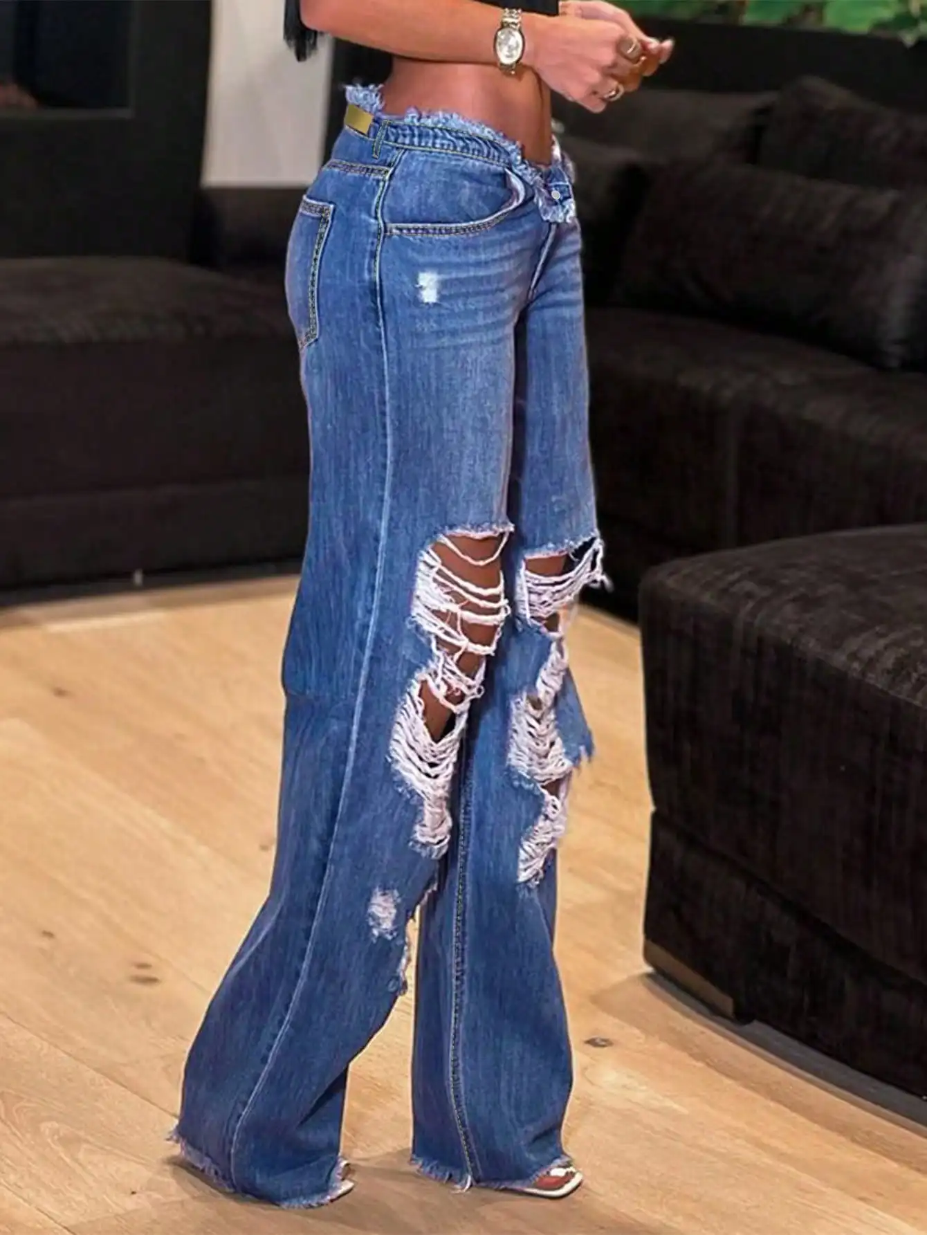 

WGXWGX Women's High-Waisted Wide-Leg Jeans Trendy Distressed Cotton Denim Extreme Ripped Button-Front Full-Length Pants