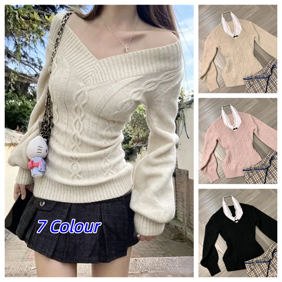 Y2K Fashion Vintage V-neck Rib Knitted Tops Women Early Autumn Sweaters Pullover Slim Long Sleeve Pullovers Sexy Sweaters Tees