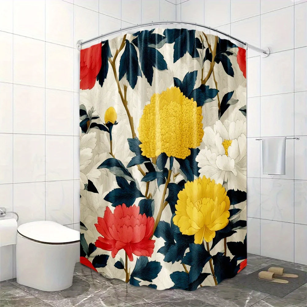 

1pc Floral Shower Curtain - Stylish Polyester Fabric with 12 Hooks, 180x200cm, Vibrant Botanical Design