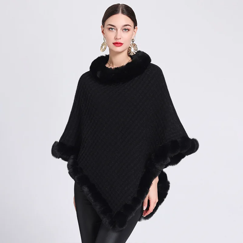 Cape à carreaux rayée en fausse fourrure pour femme, pull, manteau, poncho en tricot, enveloppes Everak, voyage, loisirs, fête, châle, automne,