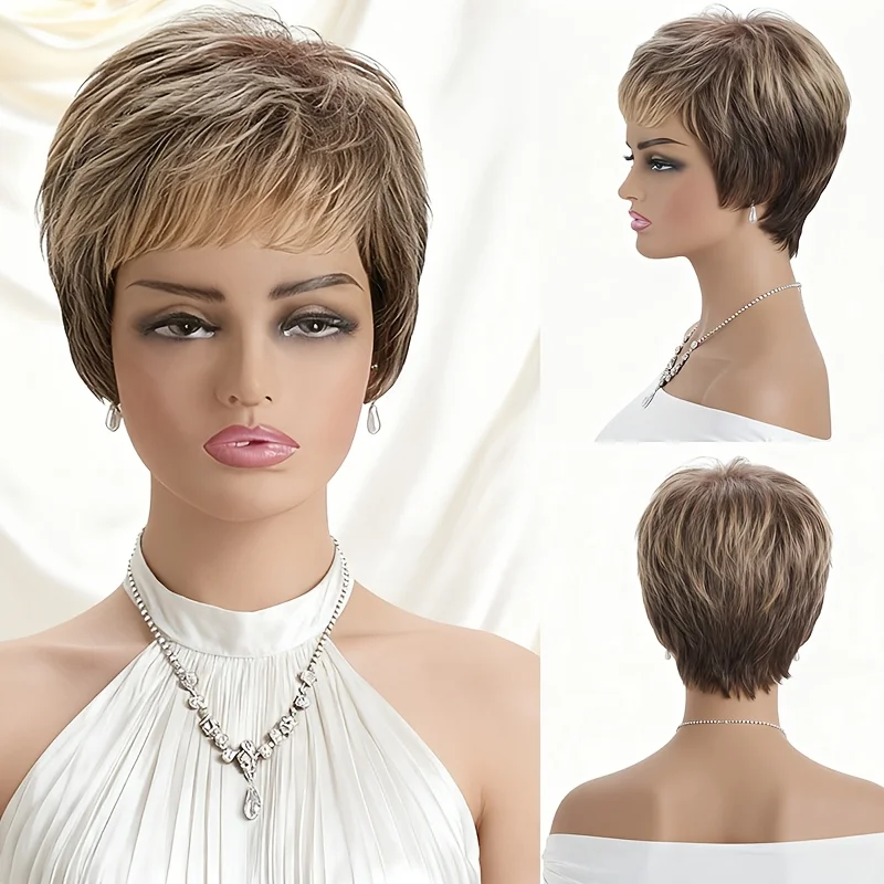 

Синтетический парик для женщин с короткими волосами и градиентной окраской, с микро-фрижей и челкой, идеально подходит для повседневных прогулок и встреч, идеален для лета.