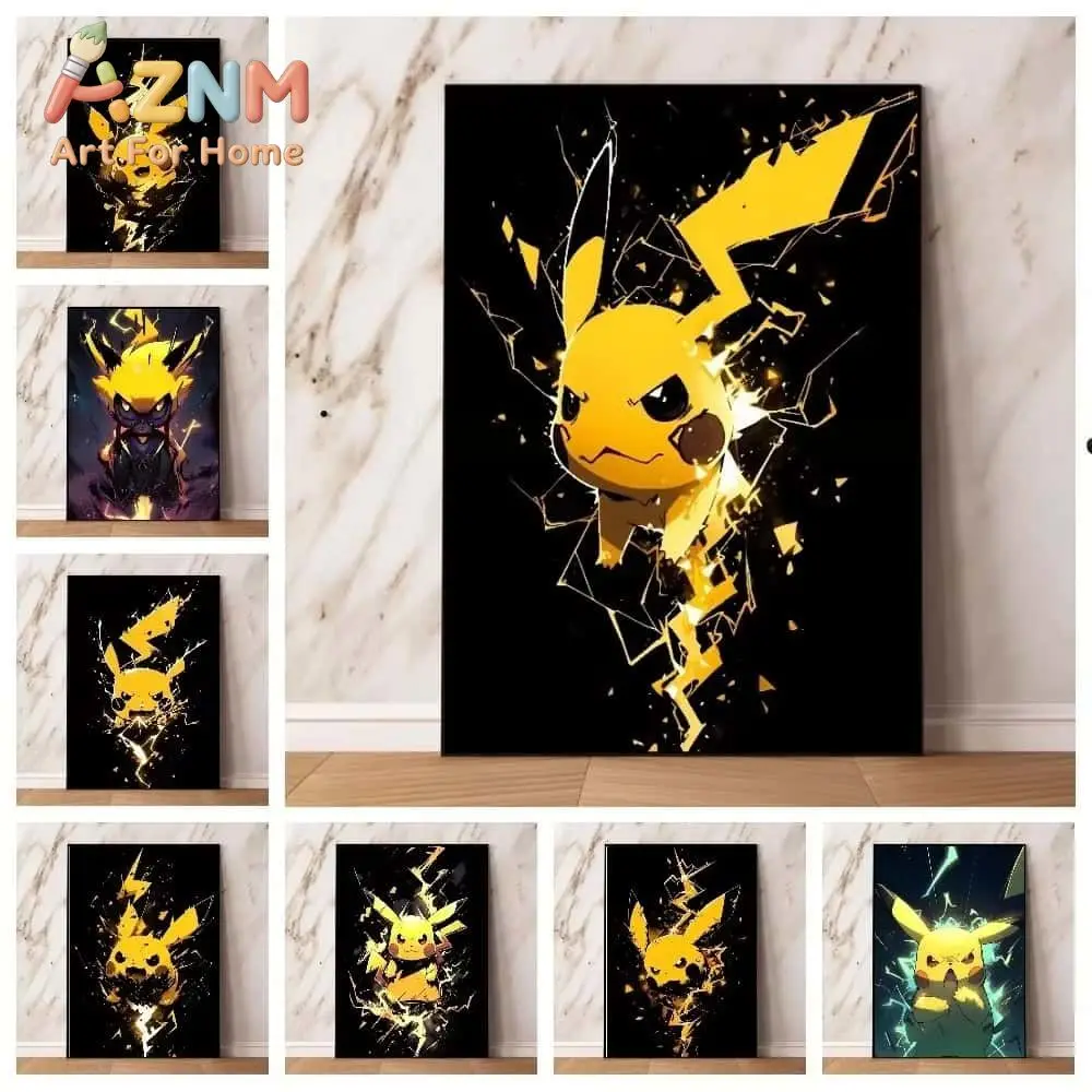 AZNM Pikachu Pokemon Canvas Wall Art Print, Cool Lightning Break Effect Anime Character Poster for Living Room Home Wall Decor