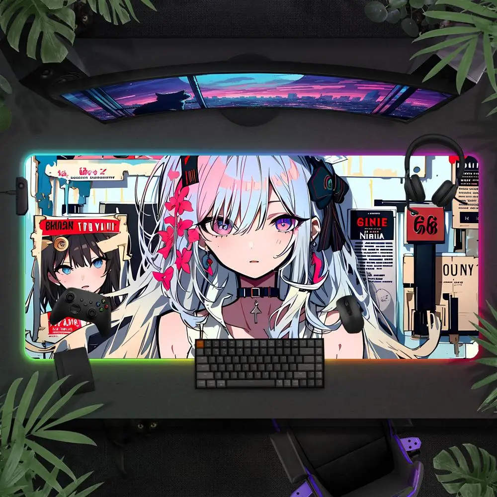

Коврик для мыши Cool Girl в стиле аниме, большие игровые коврики для мыши RGB со светодиодной подсветкой и фиксированными краями, игровые аксессуары, настольные коврики, коврик для клавиатуры XXL 90x40 см