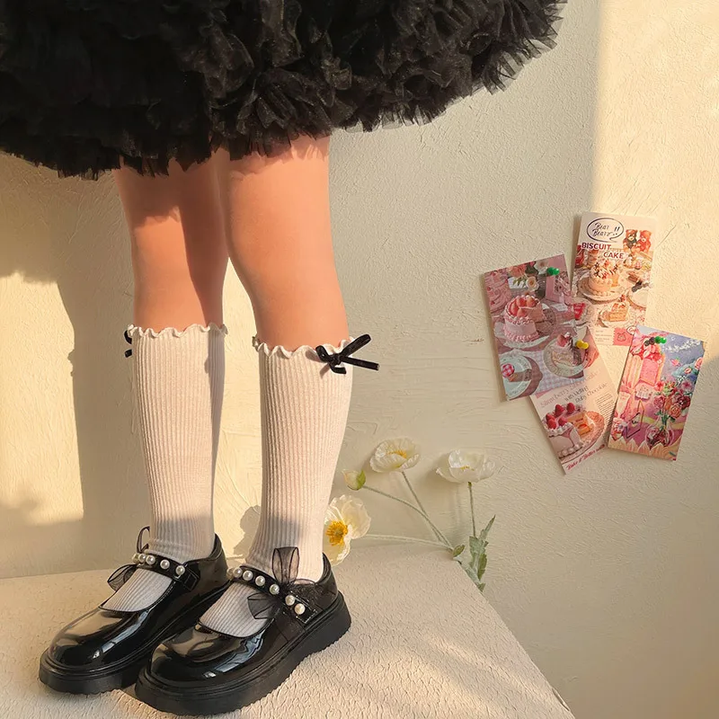 

1 Pair Ins Korean Girl Calf Sock for Kids Black White Color Chic Bow Ruffle Children's Sock Spring Autumn School Pile Sock