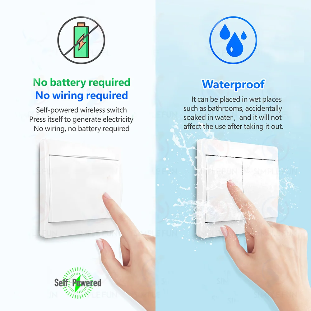 Wireless Light Self generated Switch waterproof Remote Control wall panel Self powered Switch 220V Mini Receiver for Light Fan