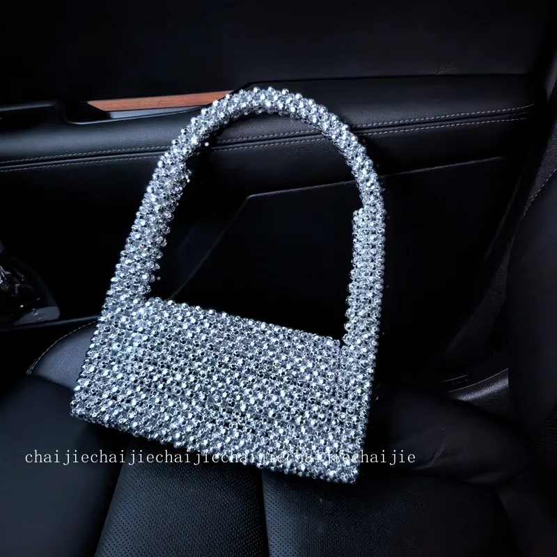 

New Fashion High Quality Silver Handbag Retro Personalized Weaving Beaded Flip Top Women's Underarm Shoulder Bag Customization