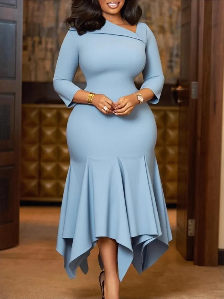 

Women's High-waisted Commuting Dress Autumn Fashion Elegant Slanted Collar Three-quarter Sleeve Irregular Solid Color Wrap Skirt