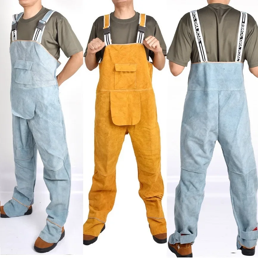 Welding Clothing Men's Overalls Safety Coverall High Temperature Protective Leather Flame Retardant Repair Welder Strap Pants