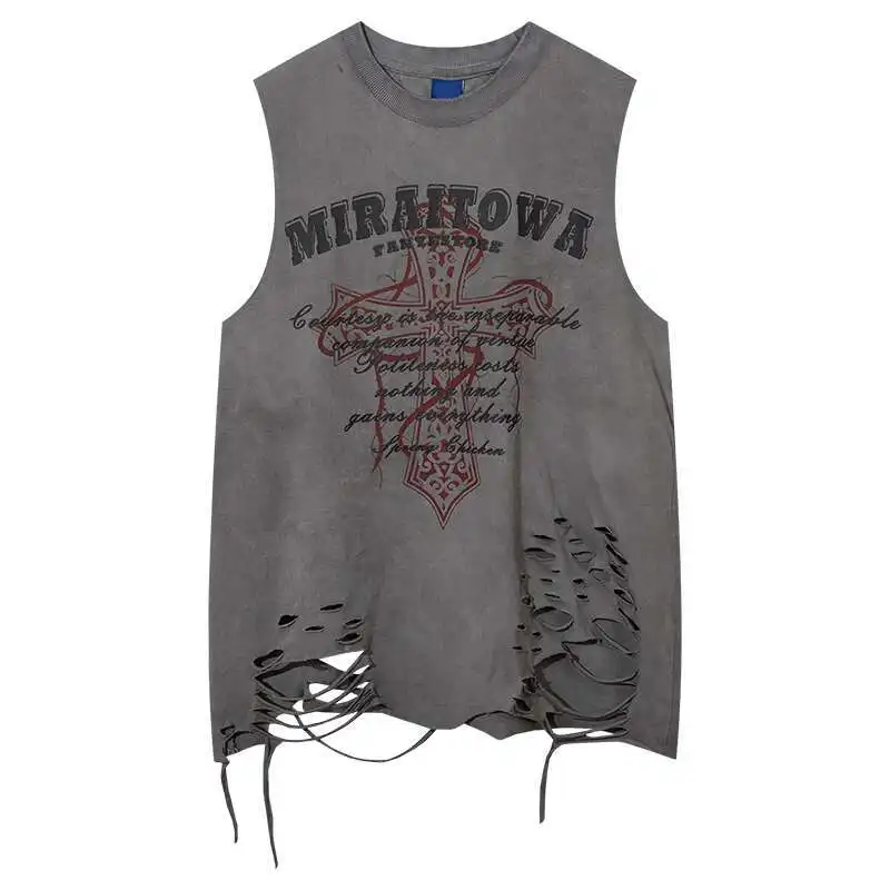 Man Women Tank Top American Style Distressed Tank Top For Women Summer Gothic Sleeveless T-Shirt Design Sense Niche Casual Top