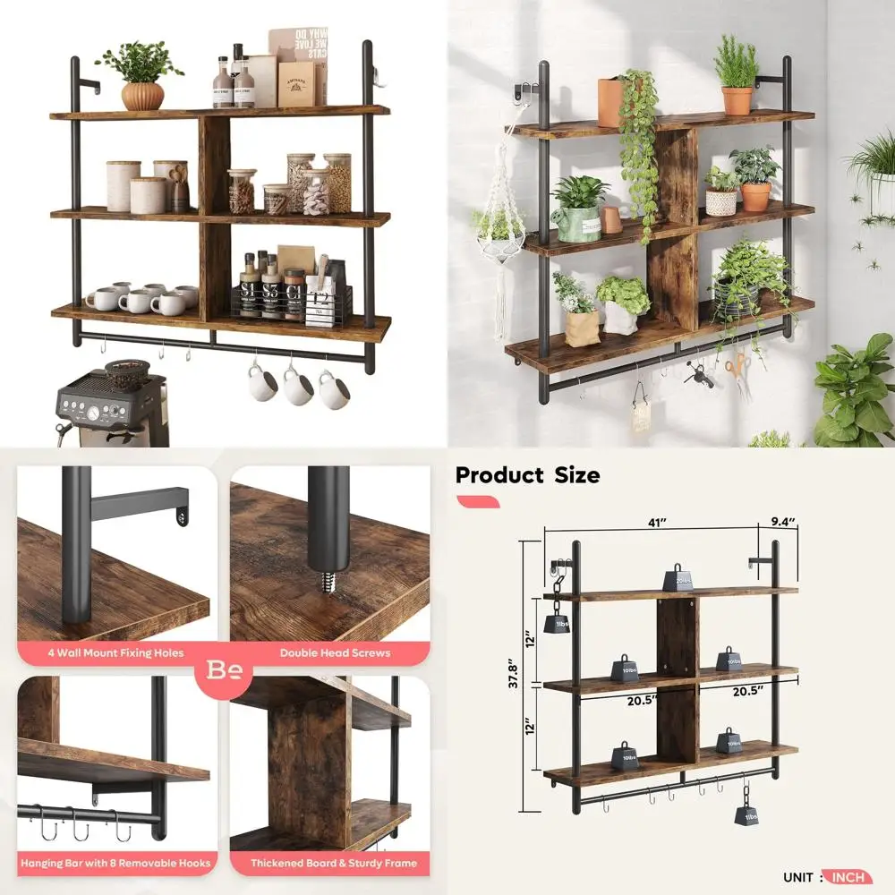 

3-х уровневые настенные плавающие полки с 8 крючками, деревенский коричневый промышленный стиль труб для кухни, гостиной и ванной комнаты