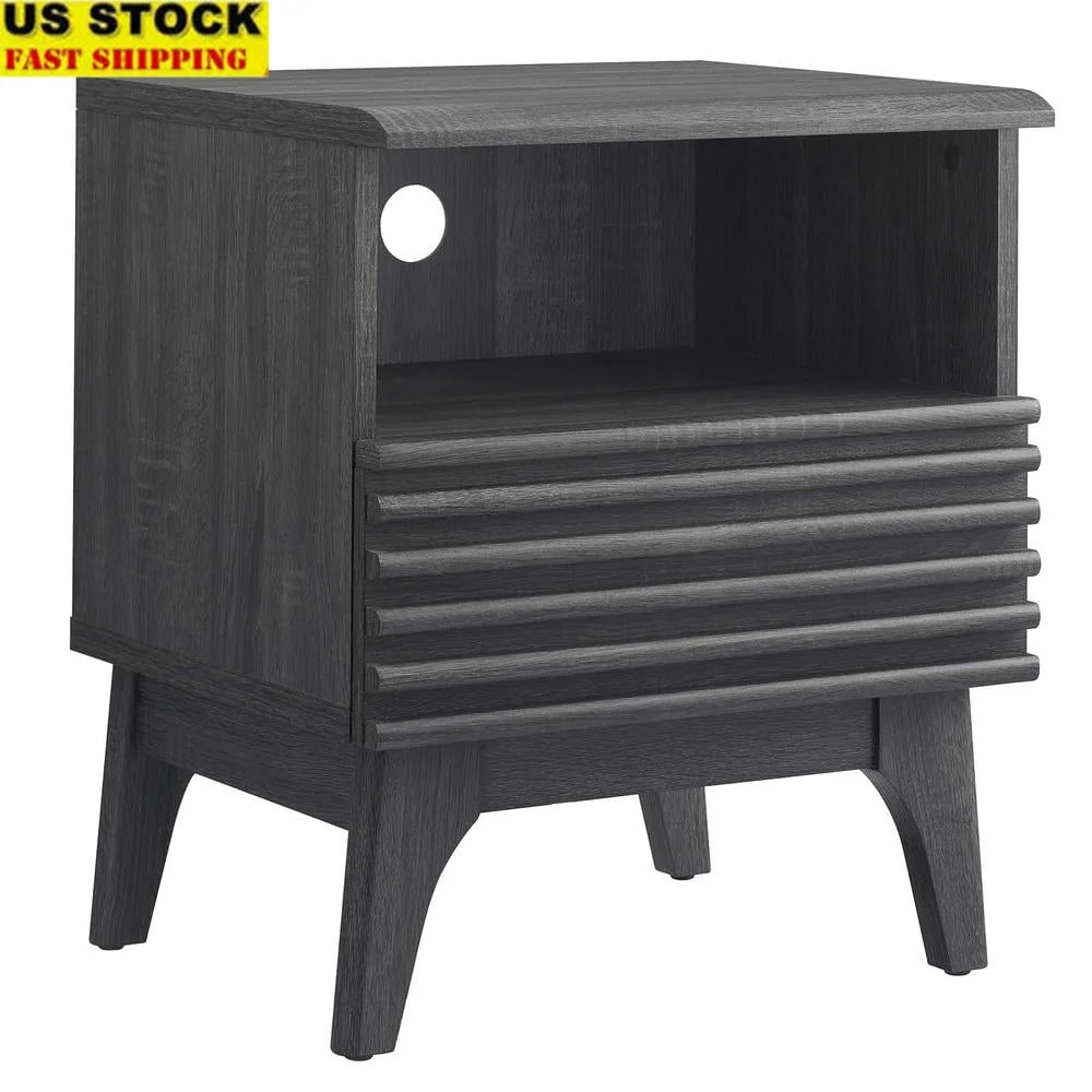 

Mid-Century Modern Particleboard Nightstand with Full-Extension Glide Drawer Tapered Legs Open Storage Cable Management Ideal