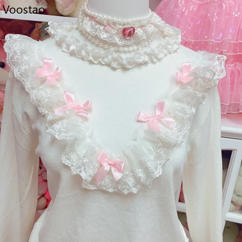 Vintage Sweet Lolita Style Knitted Pullover Spring Women Cute Lace Ruffles Bow Sweater Autumn Girls Harajuku Knitwear Tops 2024