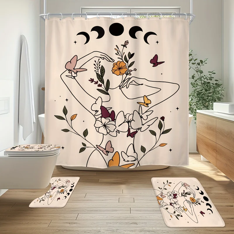 1/4 Pcs - Abstract Woman Shower Curtain Set, Vintage Wildflower Moon Phase Change Minimalist Line Art Aesthetic Waterproof Showe