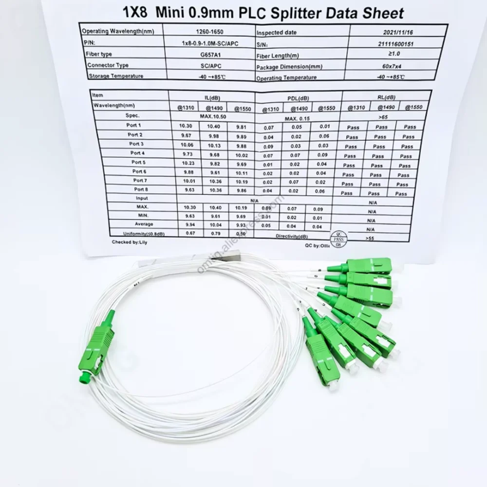 10pcs/lot SC/APC Splitter 1X2 1X4 1X8 1X16 1X3 PLC Fiber Optic Single Mode 0.9mm G657A1 LSZH 1m PVC