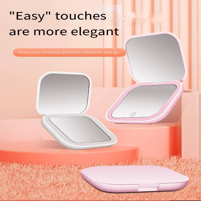 Square LED New Handheld Double-Sided Clamshell Round Pocket Folding With Light Led Makeup Mirror Compact 3x Magnification Cosmet
