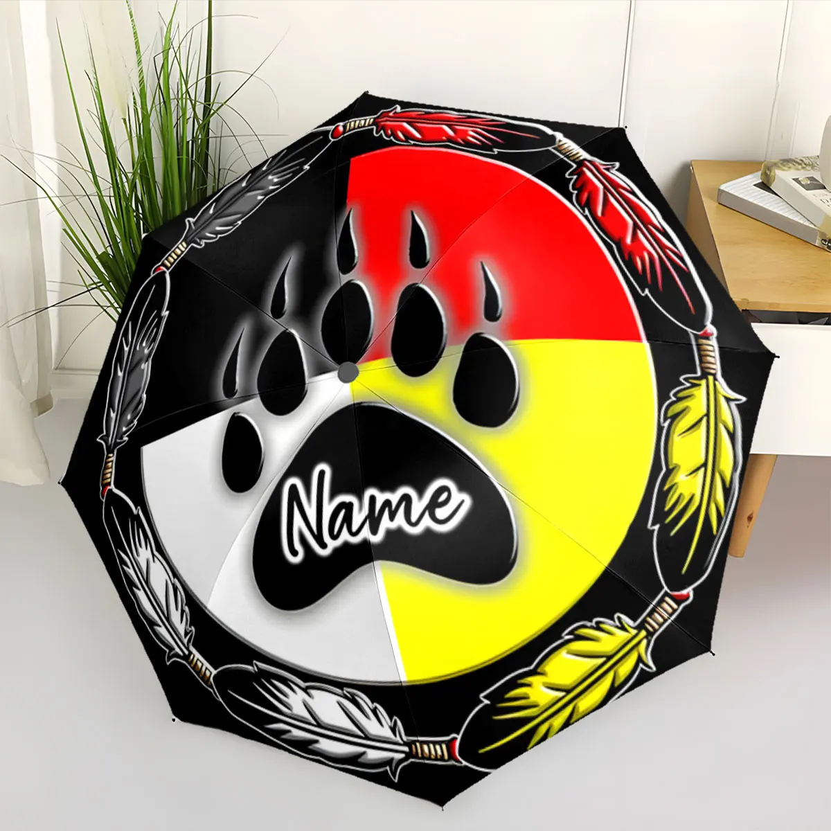 Custom Name Bold Tribal Umbrella Design Featuring Feathers and Paw Print 8Iron Ribs Folding Umbrella Auto-Open Fashion Sunshade