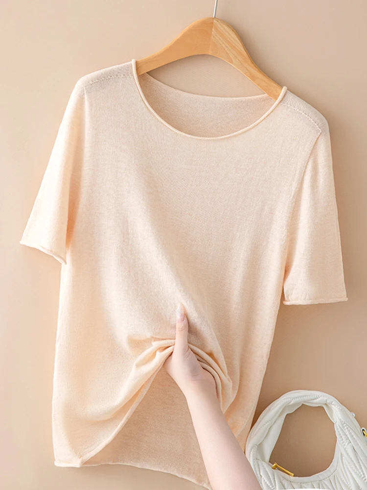 

Early Autumn Knitted Woolen ort Sve T-irt Women's Loose Fit Crew Ne Pure Color Base Layer Top with Cuffed Hem