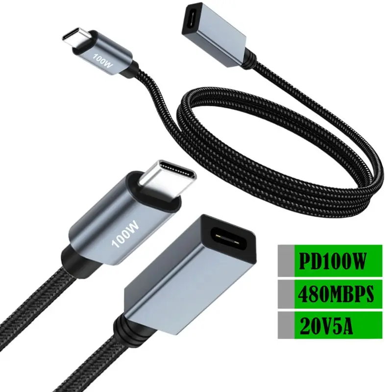 

Кабель-удлинитель для быстрой зарядки и передачи данных TYPE-C (штекер-гнездо), 0.3м, 1м, 2м, 20В, 5А, 100Вт, скорость передачи данных 480 Мбит/с