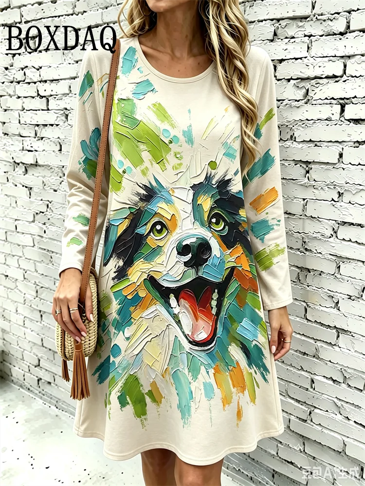 Oil Painting 3D Printing Women's Dresses Vintage Casual Poodle Dog Pattern Loose Home Dress Autumn Long Sleeve A-Line Dress 2026