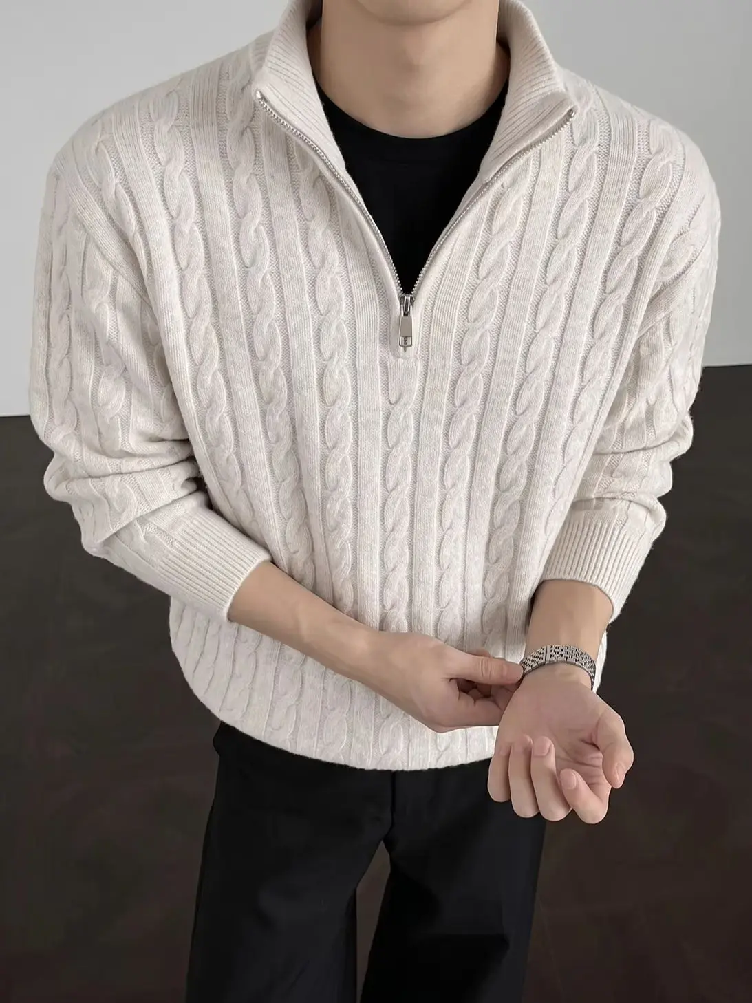 Vintage Half-Zip Stand-Up Collar Sweater Men Autumn Winter Twisted-Purl Thick Layering Knit Top Versatile Casual Minimalist