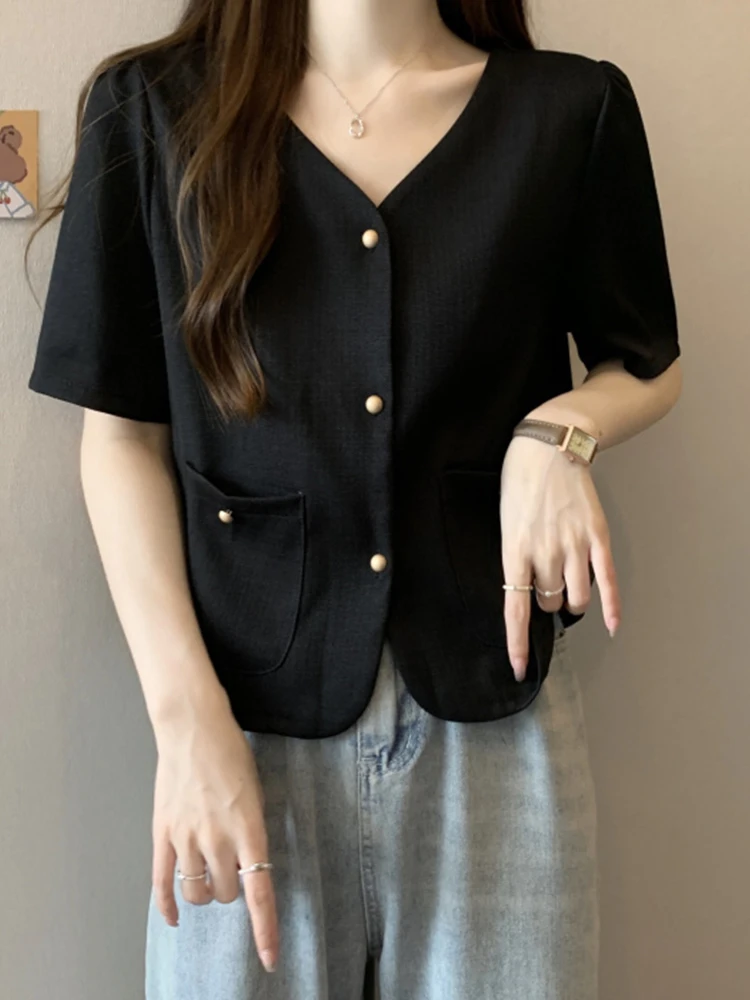 여름 반팔 브이넥 티셔츠 여성용 셔츠 어깨 길이 디자인 슬림핏 플러스 사이즈 배 커버 신상 한국 패션