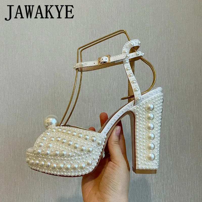 

High Platform Pearl Women Sandals Peep Toe Buckle Strap Chunky Heel Party Banquet Shoes Quality Ivory Formal Dress Women Shoes