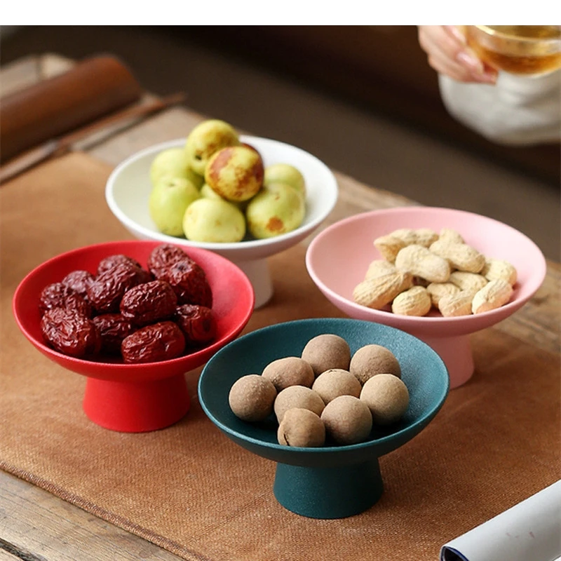 Ceramic High-footed Fruit Plate Japanese-style Buddha Statue for Snacks Dessert Cake Solid Color Tableware