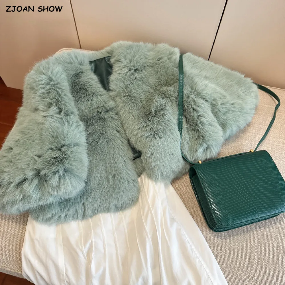 Winter Women Bean Green Faux Fur Cape Coat V Neck Short Sleeve Cloak Loose Warm Soft Shaggy Jacket Party Outerwear