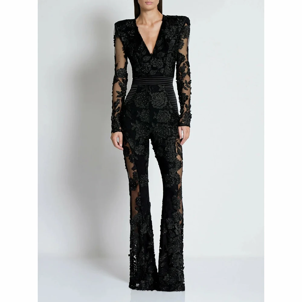 New Style of Women's Temperament Deep V-Neck One-Piece Pants Splicing Lace Hollow-Out Hot Drill Long Sleeve Evening Gown