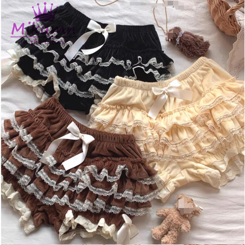 

Mikumn Harajuku Sweet Bow Lace Ruffles Pumpkin Pants Women Japanese Y2k Girls Cute Plush Bloomers Lolita JK Kawaii Shorts