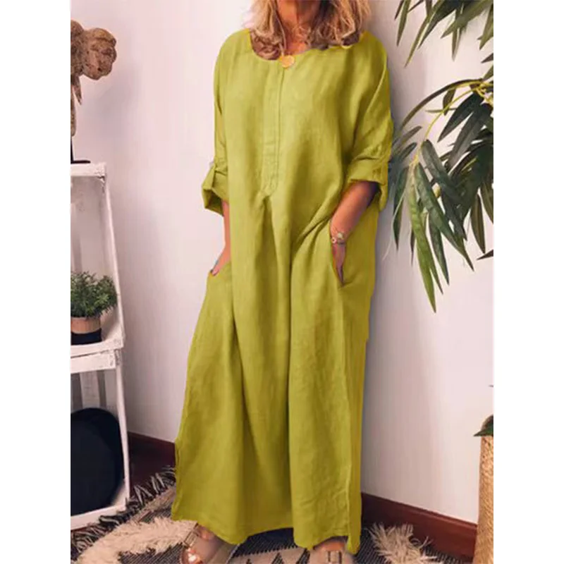 Vintage Cotton Linen Summer Clothes for Women Round Neck Solid Color Splicing Pockets Loose-fitting Long Sleeve Slit Long Dress