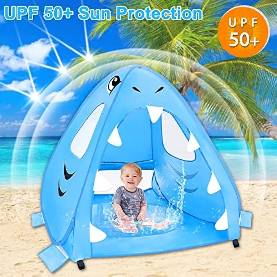 [ Extra High ] Shark Baby Beach Tent with Pool Pop Up Baby Pool Tent UPF 50+ UV Protection 4 Sand Pockets 3 Mesh Windows Waterp