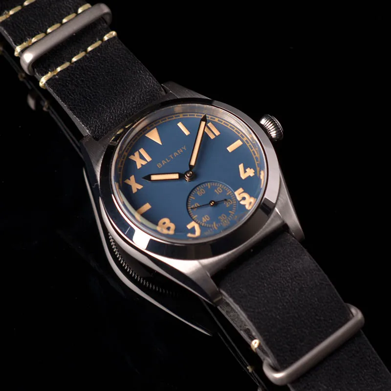 Baltany فستان عتيق ساعة 36 مللي متر فقاعة الظهر 200 متر مقاوم للماء الياقوت السويسري مضيئة جلدية الفولاذ المقاوم للصدأ ساعات المعصم الرجعية