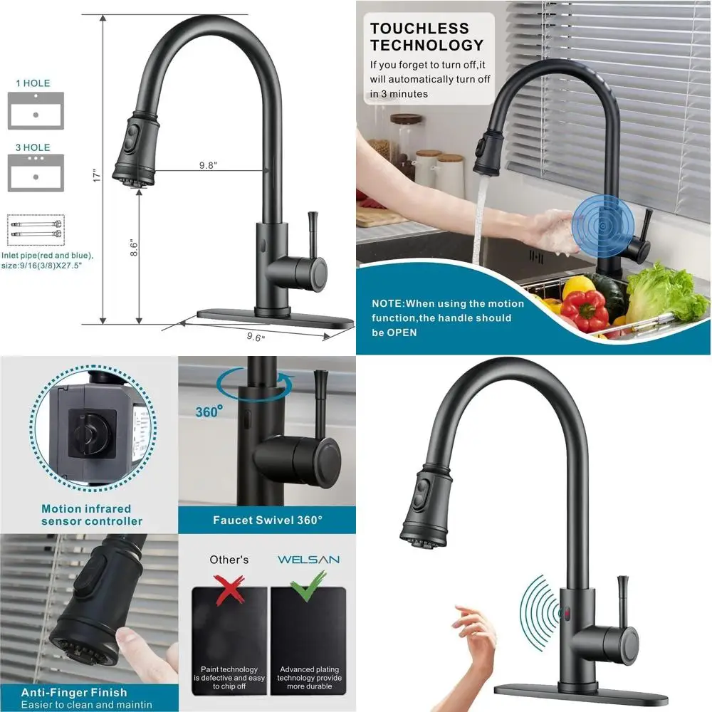 

Automatic Stainless Steel Matte Black Pull-Down Spray Kitchen Faucet with Motion Sensor