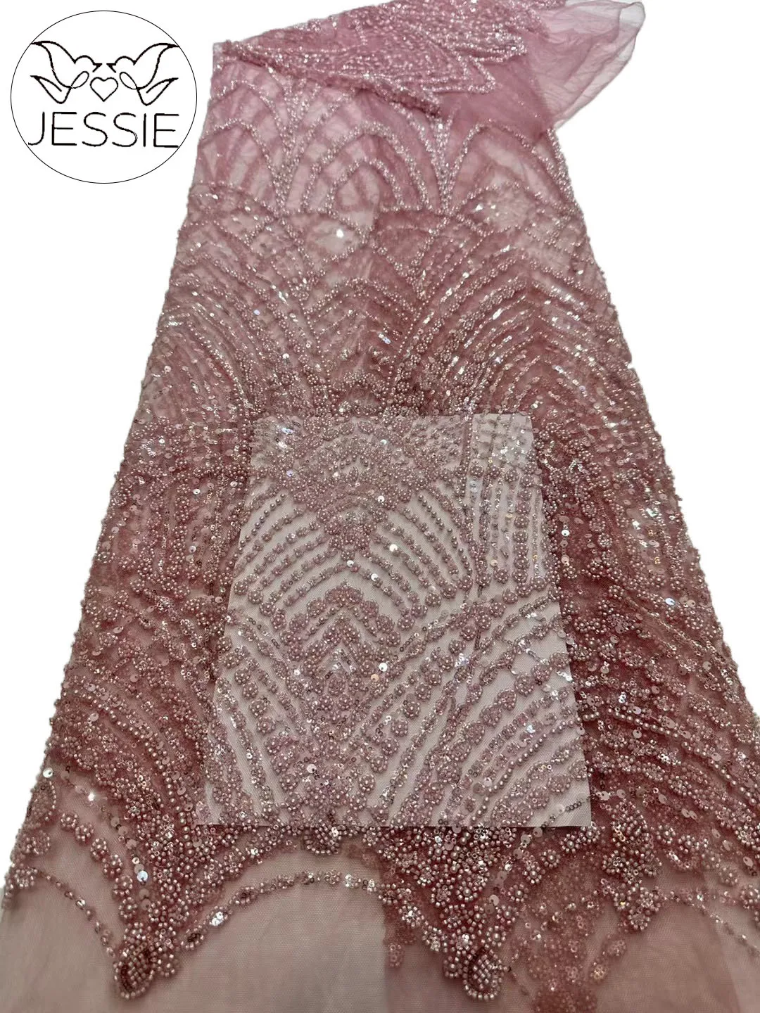 

Pink African Sequins Beaded Lace Fabrics 2024 High Quality Sequence French Nigerian Beads Lace Fabric For 5yards Wedding Sewing