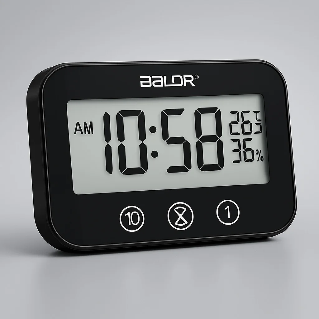 Waterproof Digital Bathroom Clock with Timer, LCD Display for Time, Temp, Humidity, Loud Alarm – Black & White