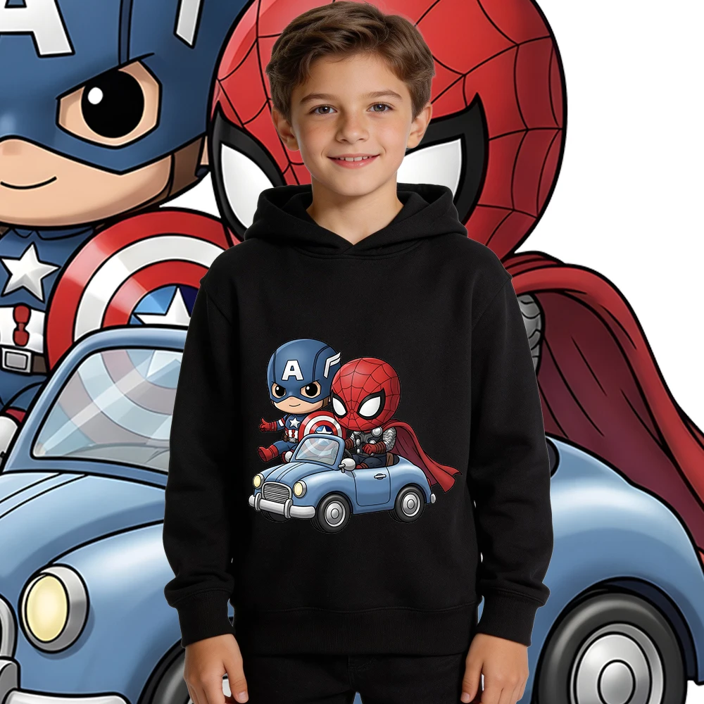 

Толстовка с капюшоном Chibi Spider-Man Cap Road Trip для мальчиков и девочек, осенне-зимняя теплая толстовка на флисовой подкладке, детский повседневный пуловер, топ