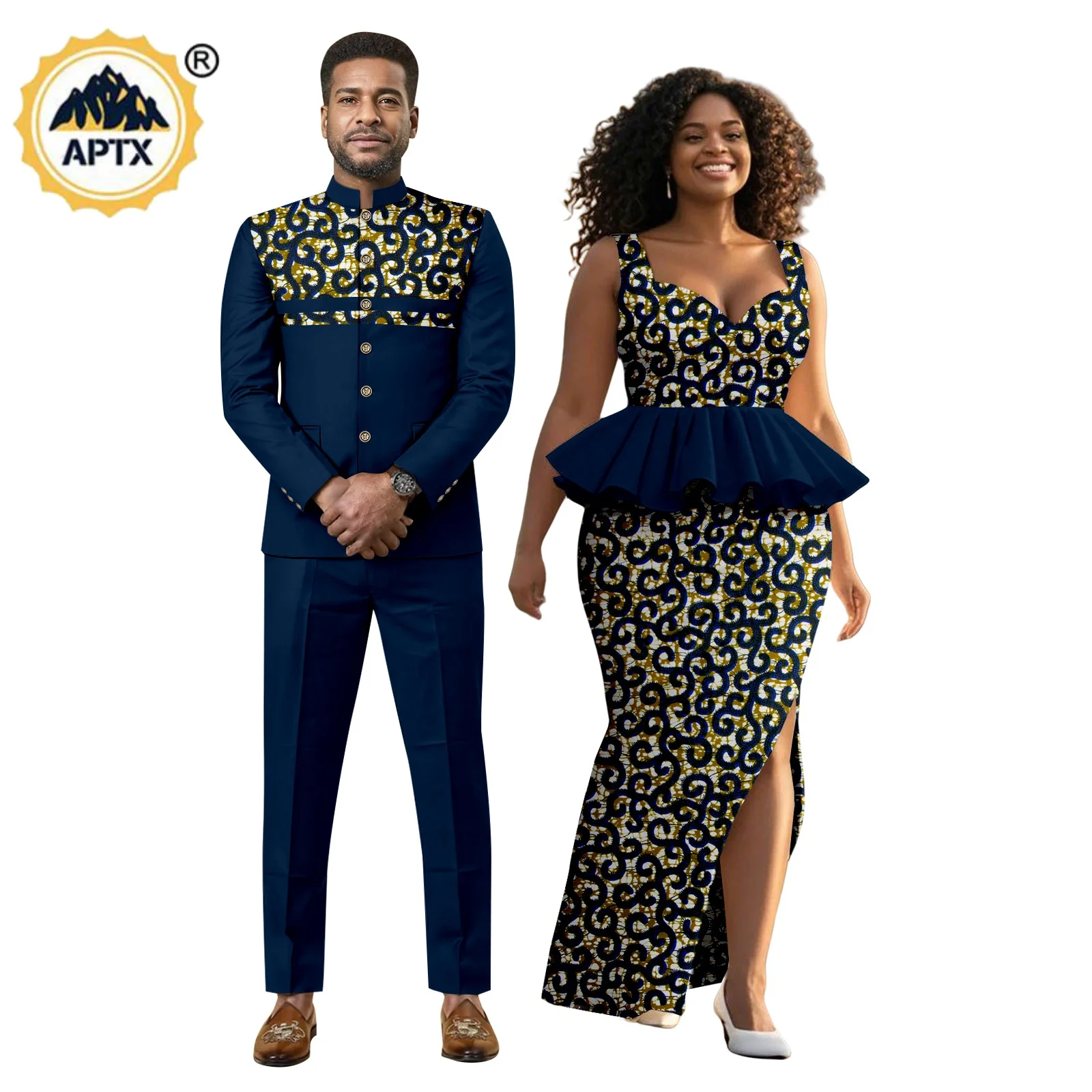 African Print Slim Dresses for Women Matching Couple Outfits Dashiki Men Top Jacket and Pant Sets African Clothing Party Y26C002
