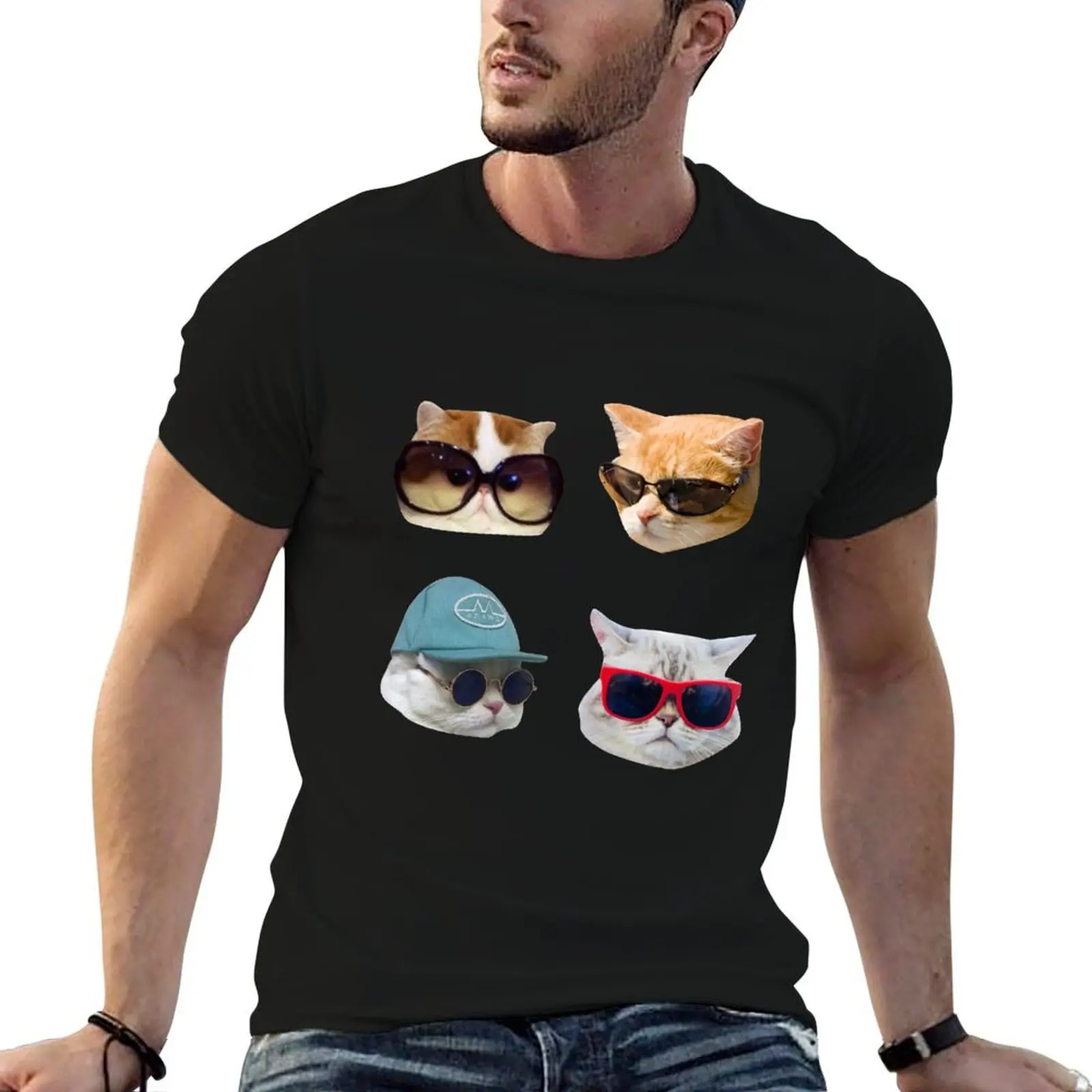 Cats With Glasses Stickers Pack T-Shirt Retro Style Print Casual Top