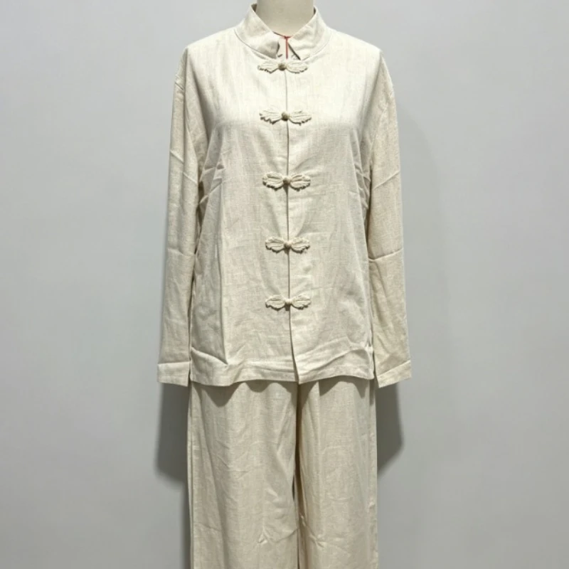 2026 Design Sense Niche Stand up Collar Button Cotton Linen Long Sleeved Cardigan and Straight Leg Wide Leg Pants