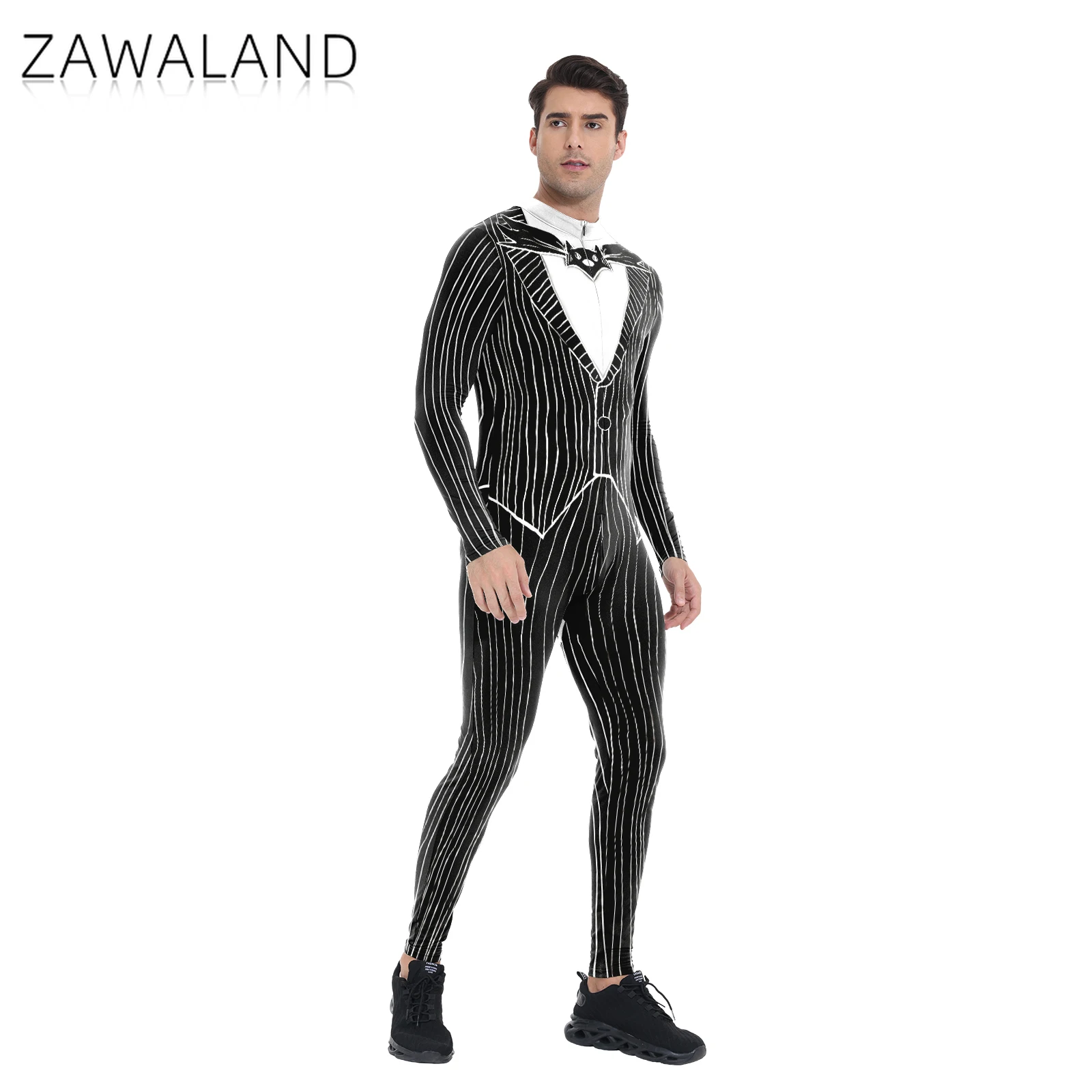 Jack preto branco listra cosplay traje tailcoat impressão bodysuit para o homem festa de halloween desempenho macacão carnaval roupas