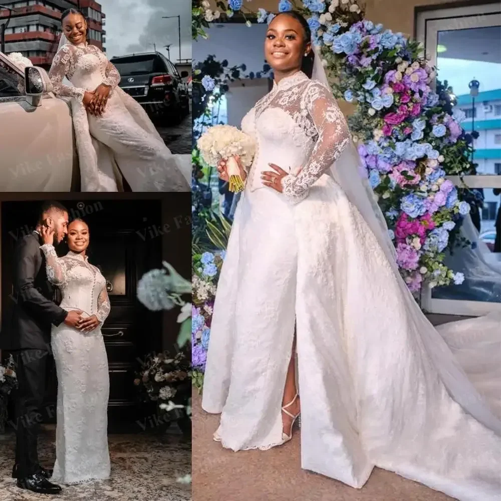 Customize Detachable Train Lace Mermaid Wedding Dresses 2021 African High Neck Long Sleeve Muslim Wedding Gown Chapel Bridal Gow