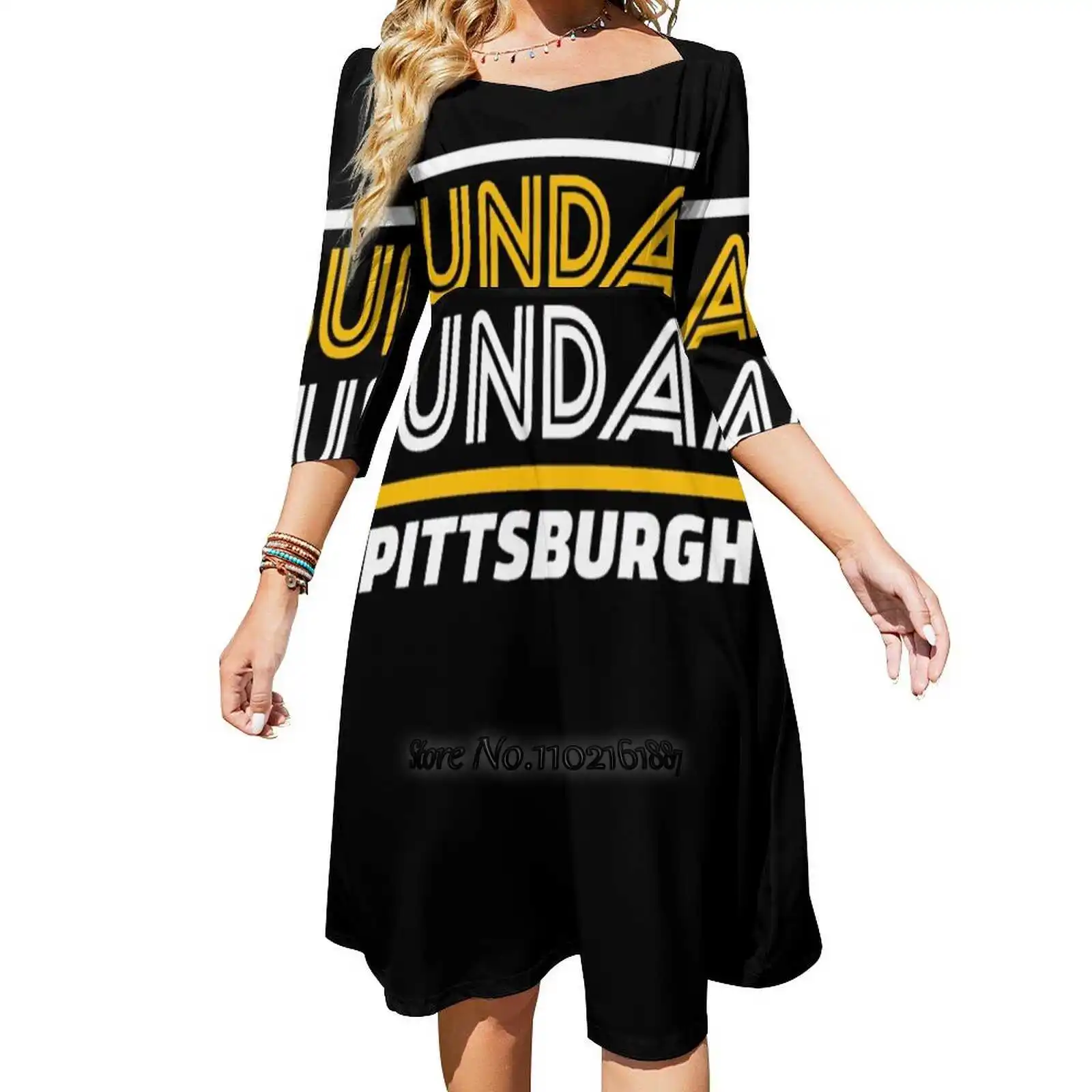 Vintage Pittsburgh Retro Steelers Football Team Sunday Funday Loose V-Neck Short Sleeve Skirt Elegant High Quality Dress