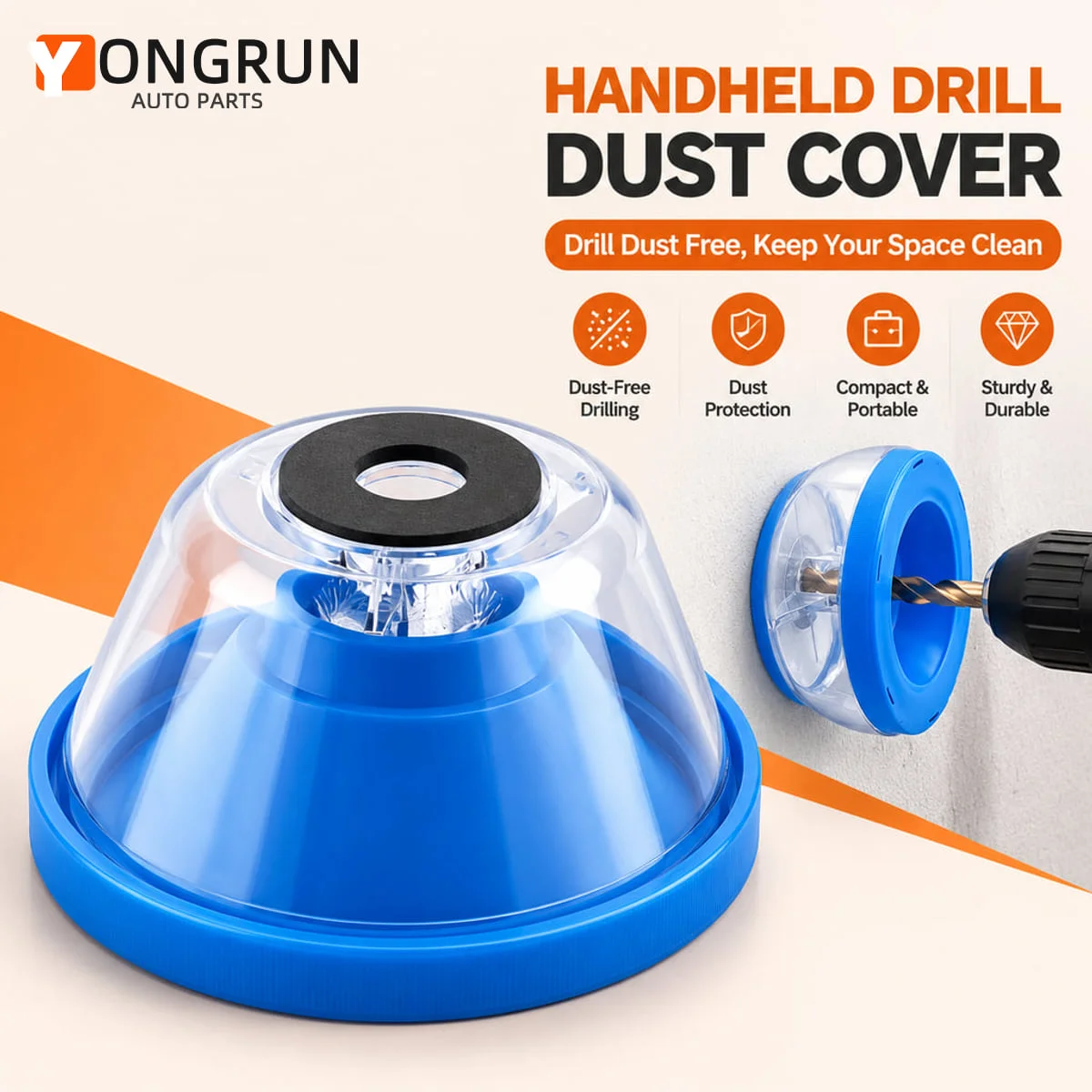 YONGRUN Handheld Drill Dust Cover Blue Dust-Free Drilling Shield Portable Wall Hole Dust Collection Guard for Power Tools