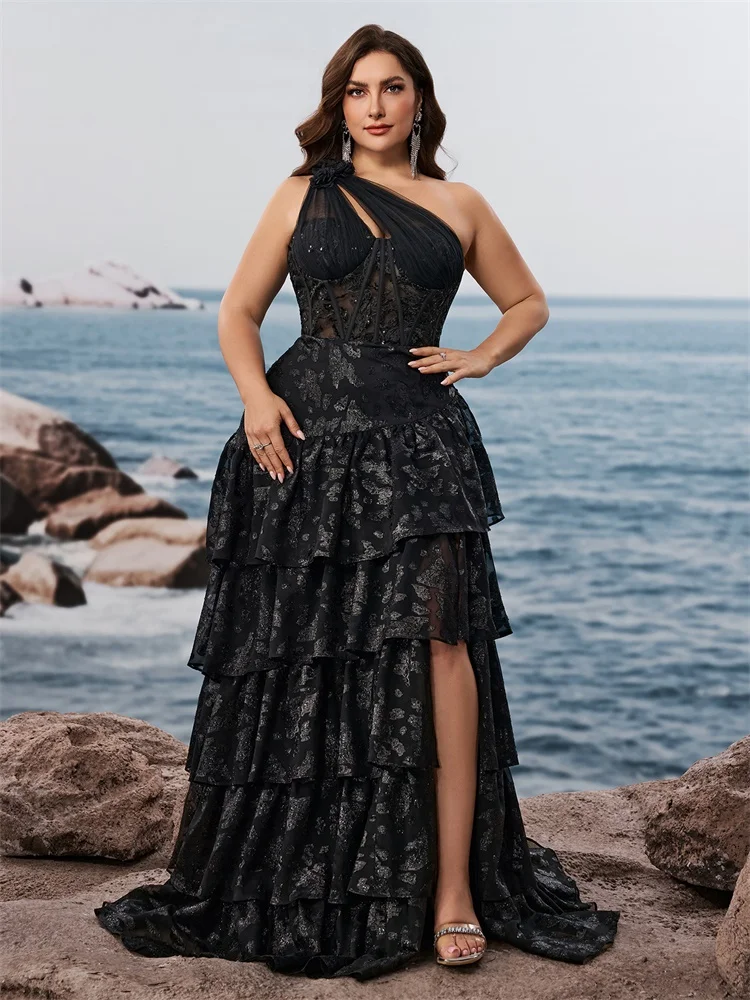 

Plus Size Luxury Skew-shouldered Applique Cake Dress Women Slit Formal Evening Dress Wedding Party Guest Gowns