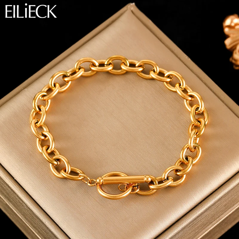 EILIECK 316L Stainless Steel Thicker Bracelet Bangle Fashion OT Buckle Wrist Link Chain High Quality Textured Jewelry Waterproof