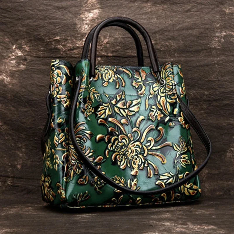 

Natural Skin Embossed Messenger Shoulder Female Handbag Tote Bags Floral High Quality Genuine Leather Women Top Handle Bag