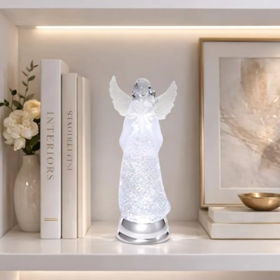 Christmas Angel Snow Globe Water Spinner LED Light Battery Operated Glitter Angel Figurine 12.8
