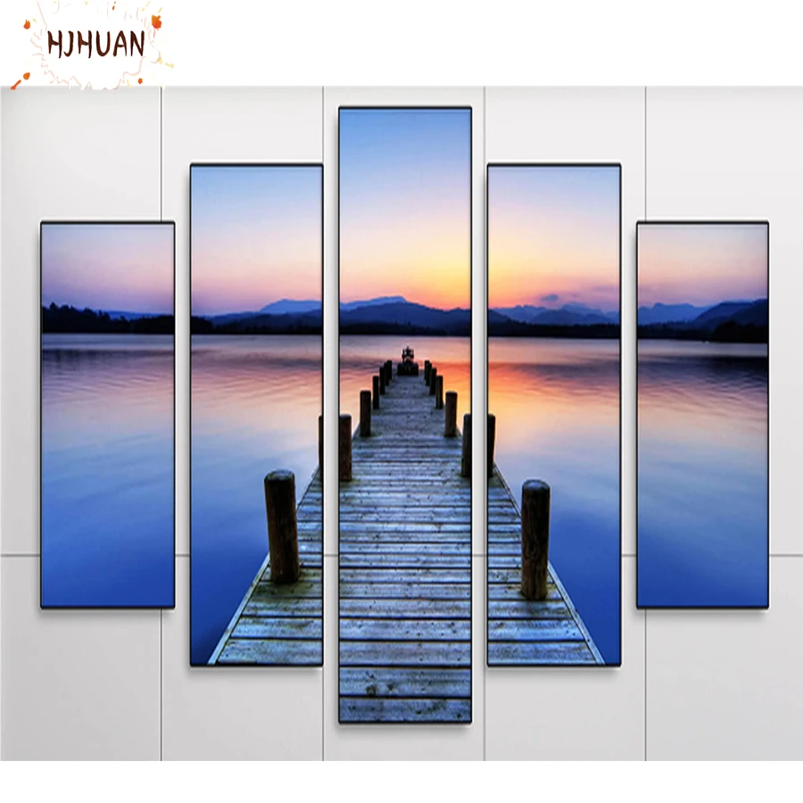 5pcs 5D Diy Diamond Painting Sunset, river, bridge Full Square/Round Diamond Embroidery Mosaic Kit HD Quality Handmade Products